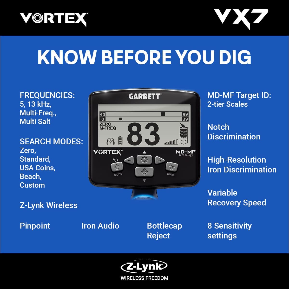 Çorum Garrett Vortex VX7 Dedektör - VX7 hedef ID ekranı, iki katmanlı MD-MF okuma ile demir ve iletken hedefleri ayırmaya yardım eder.